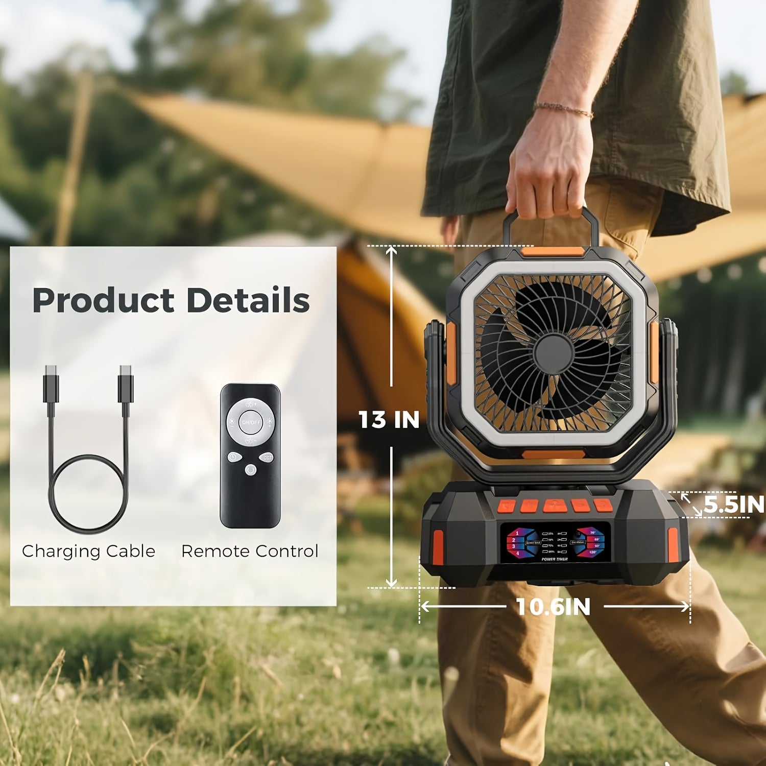 40000mAh Portable LED Camping Fan with Built-in Light - USB Rechargeable Outdoor Cooling Fan Tent, Hiking, Fishing - Sturdy And Compact Design, Green And Orange, Essential for Hiking, Sturdy Handle Function, Camping Accessory