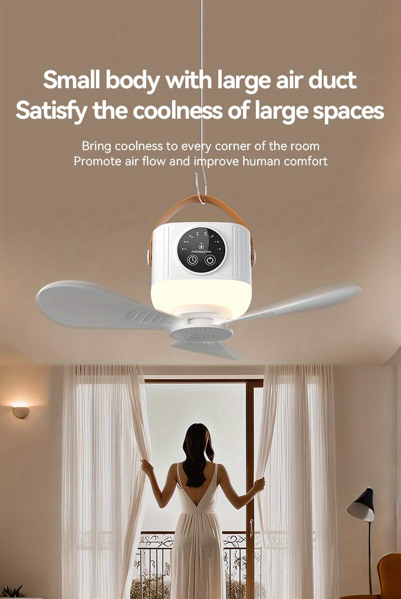 Remote Control Camping Fan with LED Night Light - Rechargeable USB Portable Fan for Tent & Outdoor, 270° Rotation, 3 Light Modes, Sleep Timer, Hanging Hook