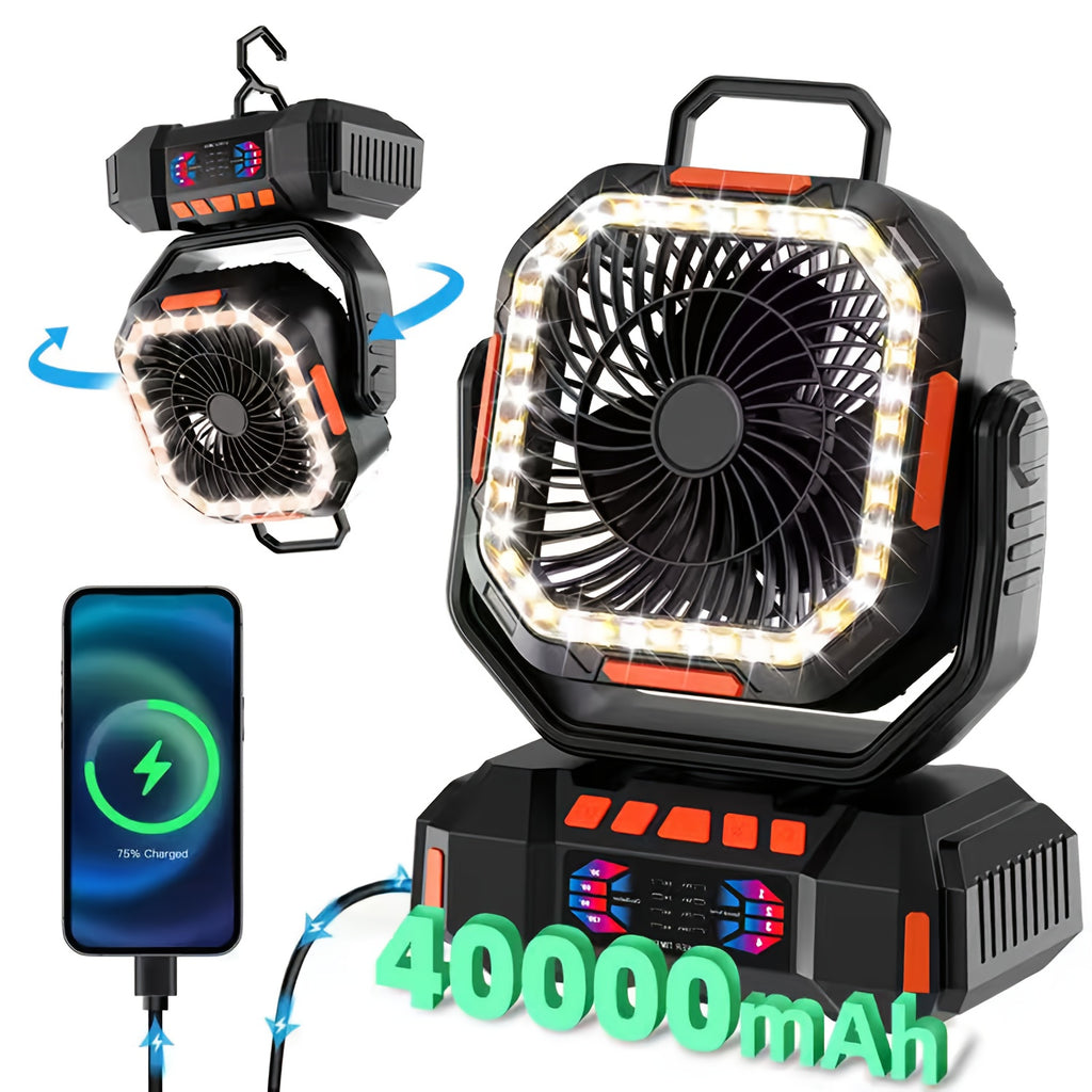 40000mAh Portable LED Camping Fan with Built-in Light - USB Rechargeable Outdoor Cooling Fan Tent, Hiking, Fishing - Sturdy And Compact Design, Green And Orange, Essential for Hiking, Sturdy Handle Function, Camping Accessory