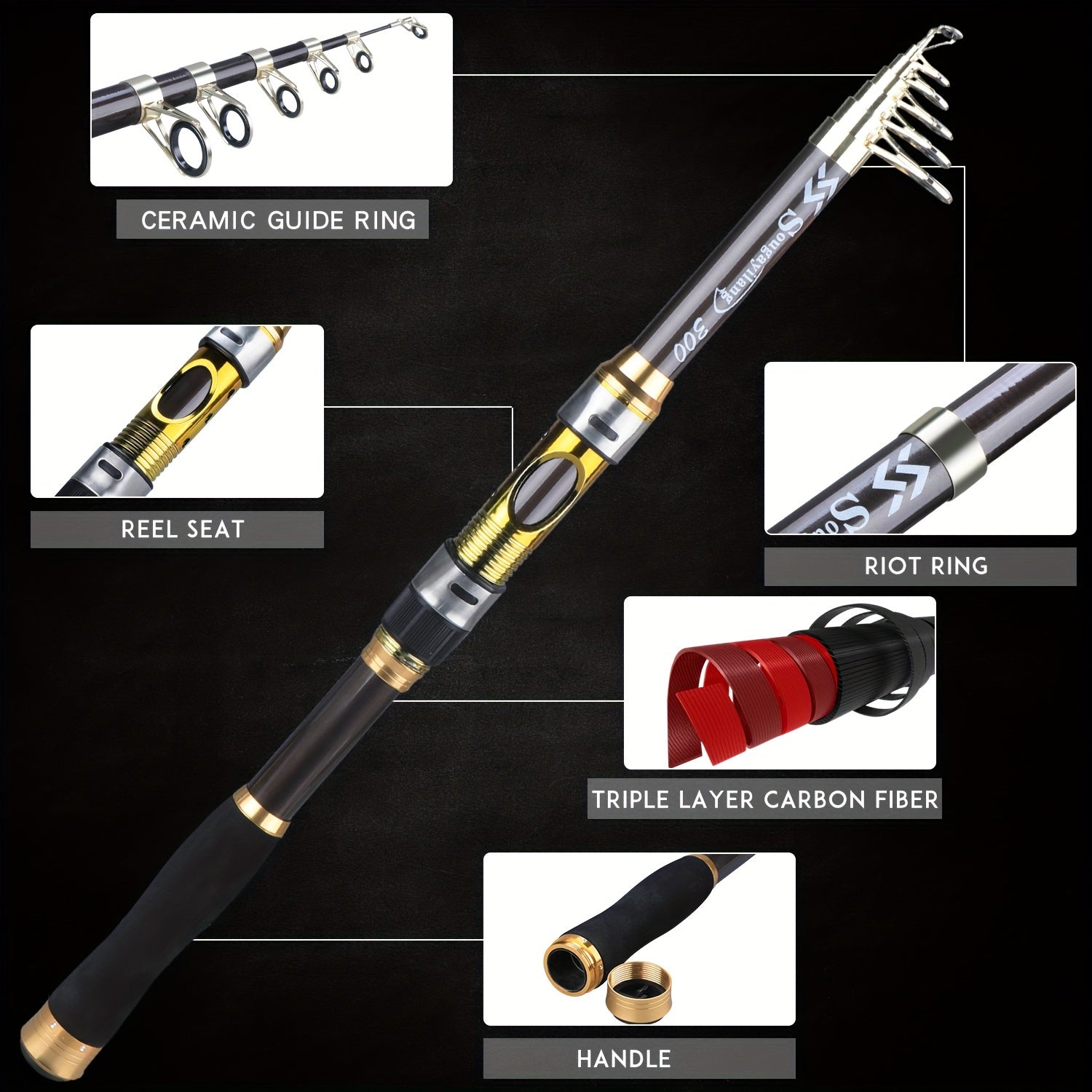 [Quality Construction] Sougayilang Ultralight Carbon Fiber Spinning Fishing Rod - Portable, Medium Action, 6.72-9.84ft Extendable Length, Black & Golden with Comfort Grip Handle - Ideal for All Anglers