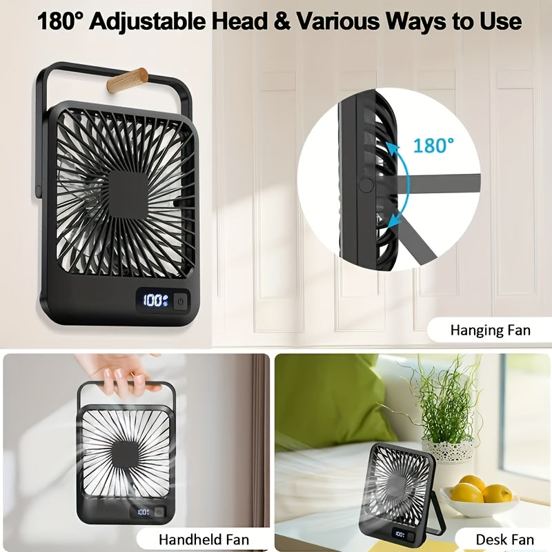 Portable USB Desktop Fan with Battery - Ultra-Quiet 5-Speed Adjustable & 180° Foldable Design, Digital Power Display, Polished Acrylic Finish, Compact for Home, Office, Travel, Air Conditioning, Portable Fan, Home Cooling, M