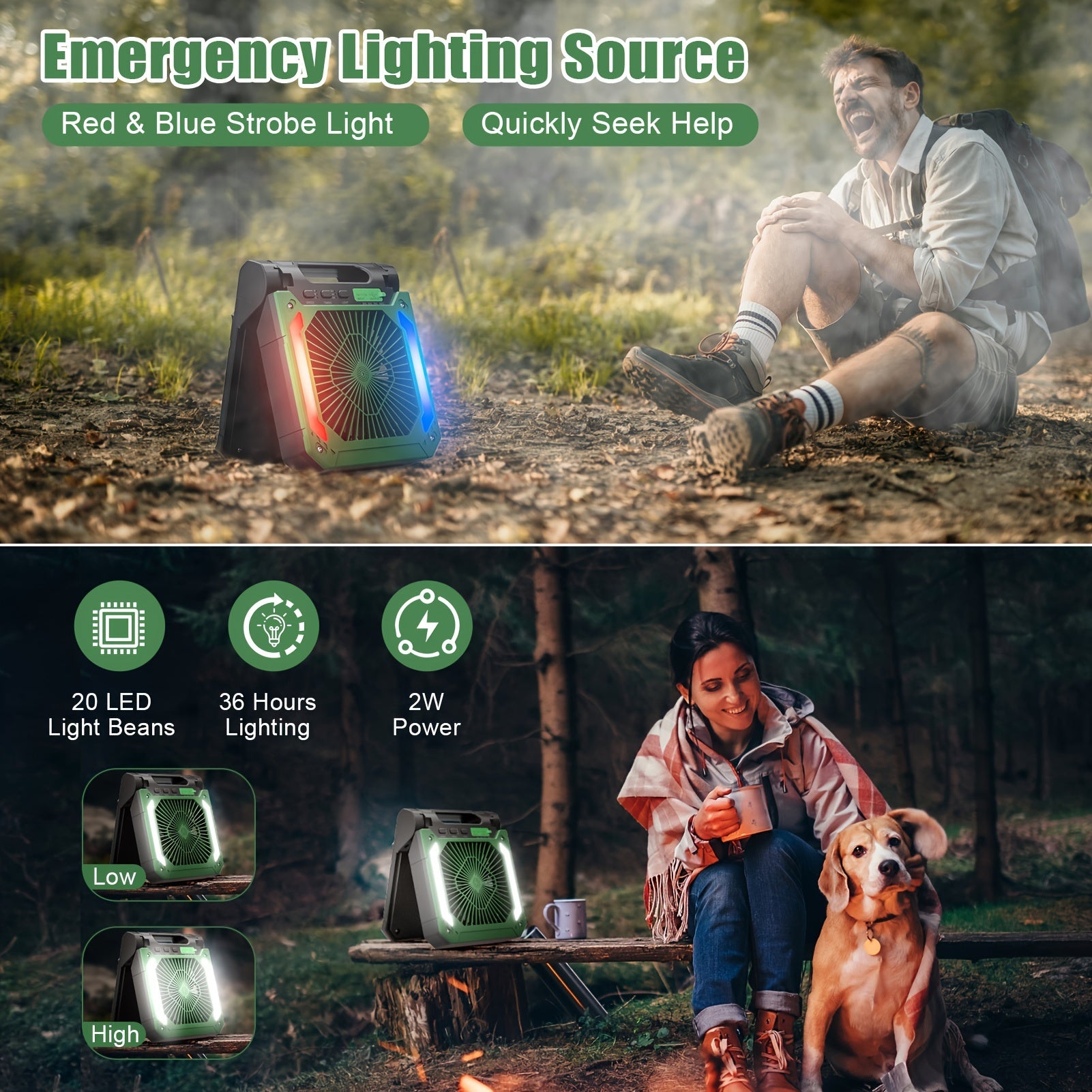 20000mAh Solar Powered Camping Fan with LED Lantern, 3 Speeds Cordless Battery, Portable Fan with Timer & Hanging Hook for Tent, Worksite, Quiet Desk Fan