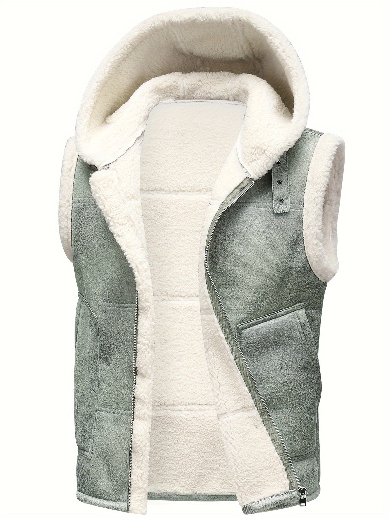 Men's Fleece-Lined Hooded Vest - Stylish Sleeveless Jacket with Zipper Pockets, Warm & Windproof for Casual Winter Wear, Olive Green, Daily Comfort Vest | Hooded Jacket | Functional Pockets