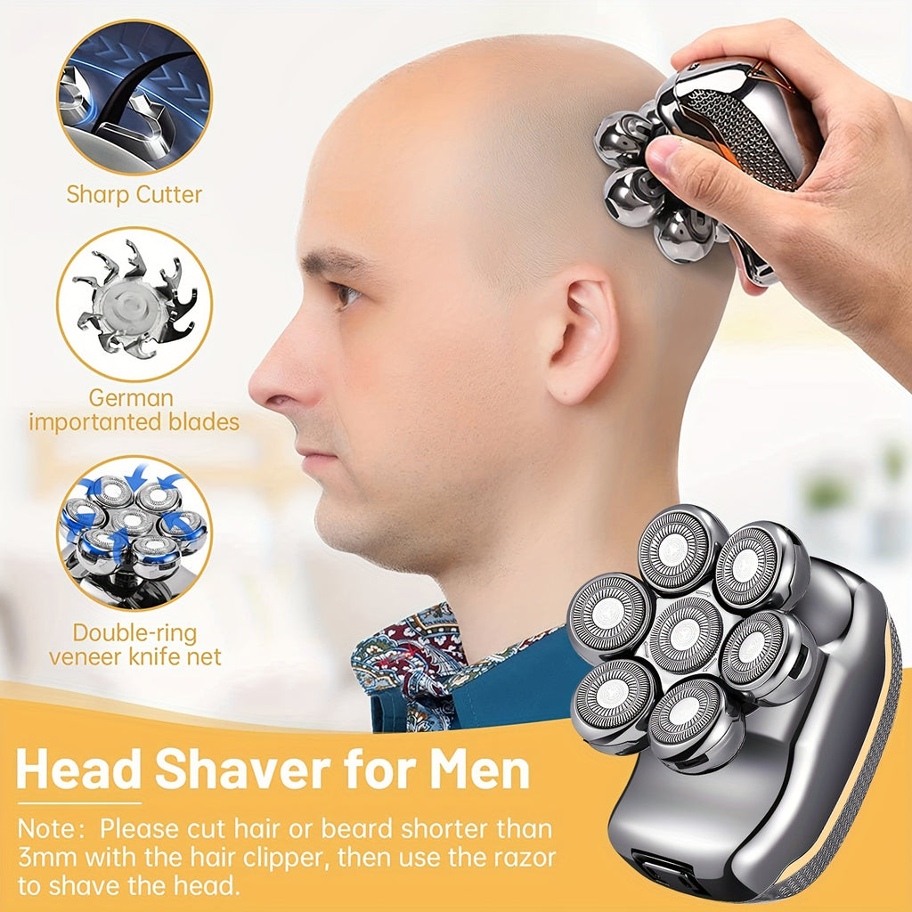 Men's Electronic Head Shaver Razor - Rechargeable Cordless Hair Shaving Razors For Bald Man 6 In 1 Wet Dry Beard Trimmer Body Hair Cutting Clipper Grooming Kit 7 Rotary Heads