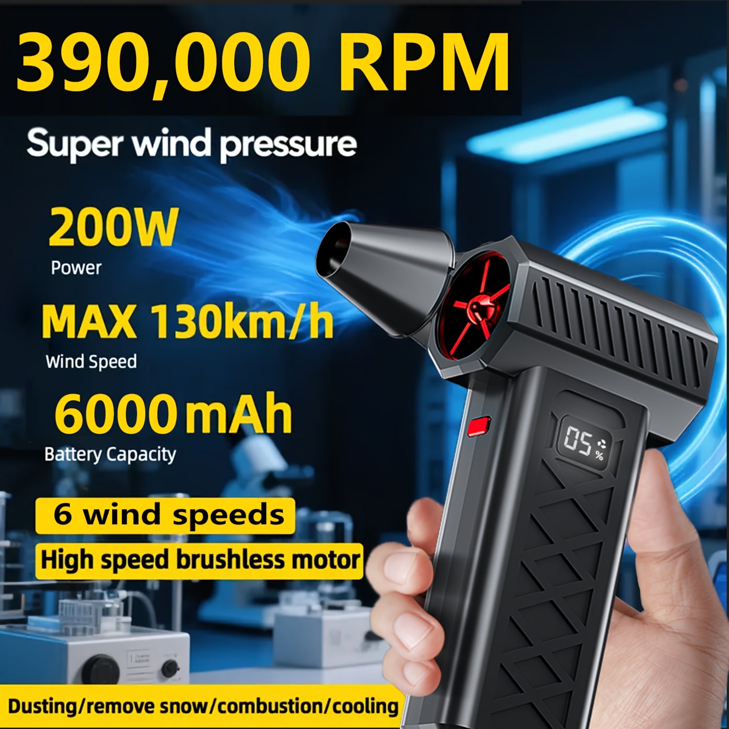 200W High-Power Portable Turbofan Fan with 155km/h Airflow, 6000mAh USB Rechargeable Battery, Ergonomic Handle & Compact Design for Camping, Car, Computer Cleaning, Dust/Snow Removal - Indoor/Outdoor Use, Portable Fan, Campin