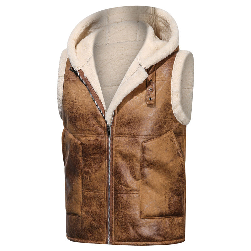 Men's Fleece-Lined Hooded Vest - Stylish Sleeveless Jacket with Zipper Pockets, Warm & Windproof for Casual Winter Wear, Olive Green, Daily Comfort Vest | Hooded Jacket | Functional Pockets