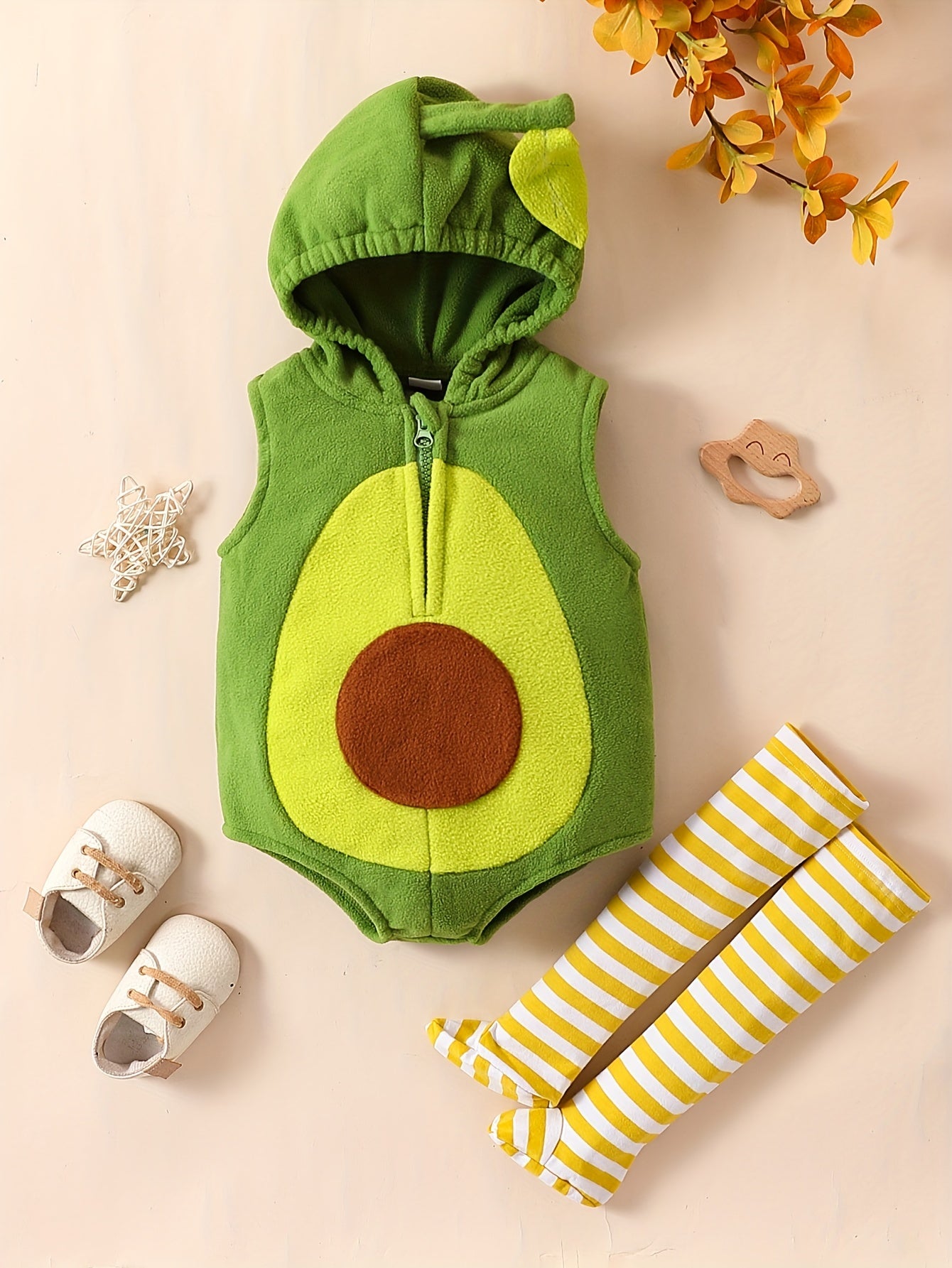 Baby & Avocado - Cute Green & Brown Fruit-Themed Romper with Full-Zipper Closure, Sleeveless Outfit for &, Spring/Fall Photo Shoots, Party Wear, Easy-Care Baby Clothes, Perfect for Outdoor
