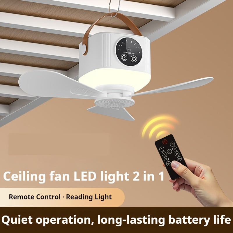 Remote Control Camping Fan with LED Night Light - Rechargeable USB Portable Fan for Tent & Outdoor, 270° Rotation, 3 Light Modes, Sleep Timer, Hanging Hook