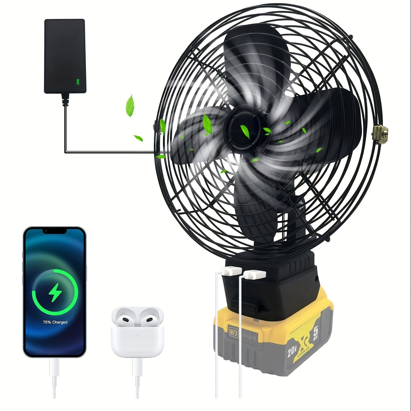 Portable Jobsite Fan Compatible For Dewalt 20v Battery (No Battery Provided) And Direct Power Supply Using Battery Charger Cordless Works Fan Battery Portable Fan With Low Voltage Protection, USB Port, Good For Campaing, Ourd
