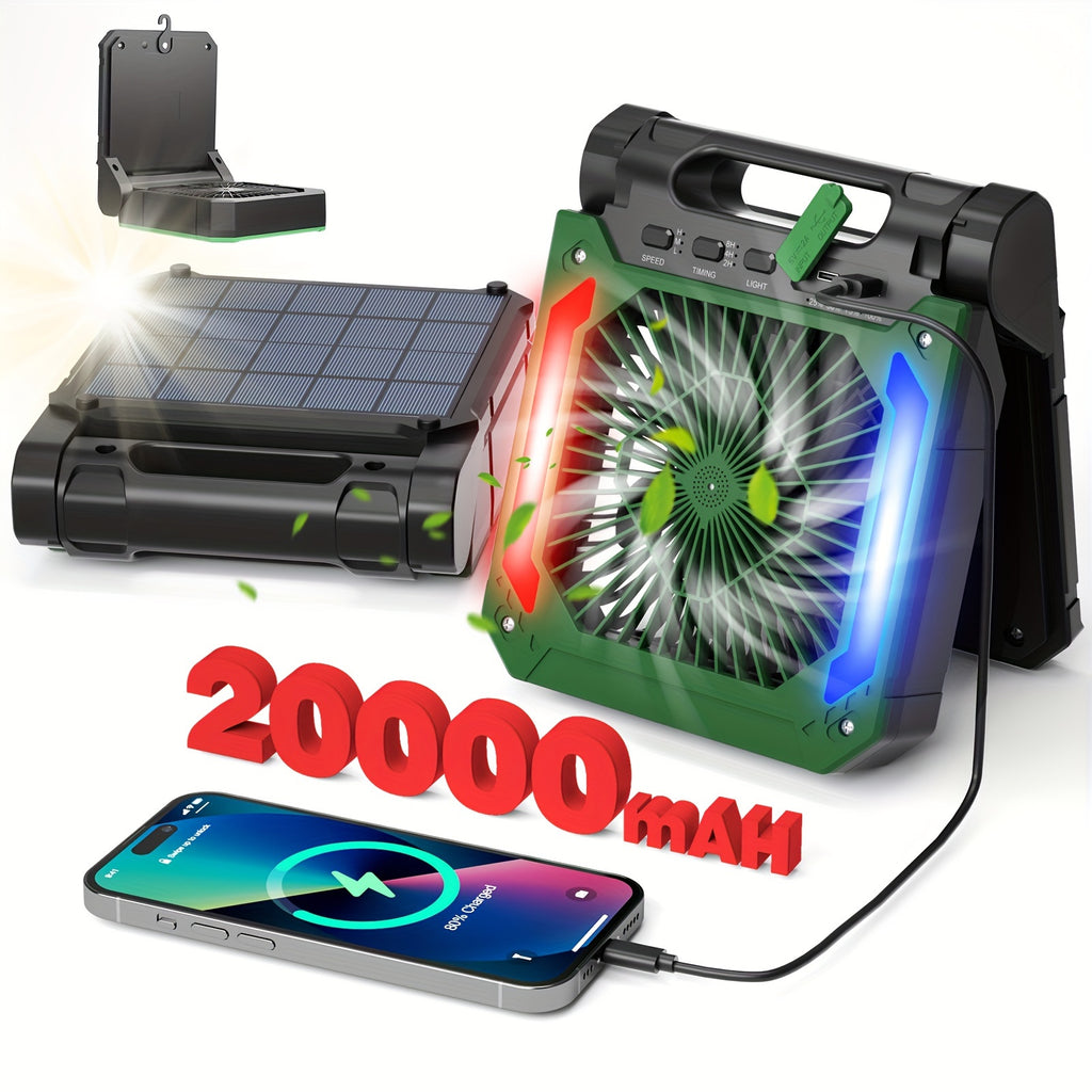 20000mAh Solar Powered Camping Fan with LED Lantern, 3 Speeds Cordless Battery, Portable Fan with Timer & Hanging Hook for Tent, Worksite, Quiet Desk Fan