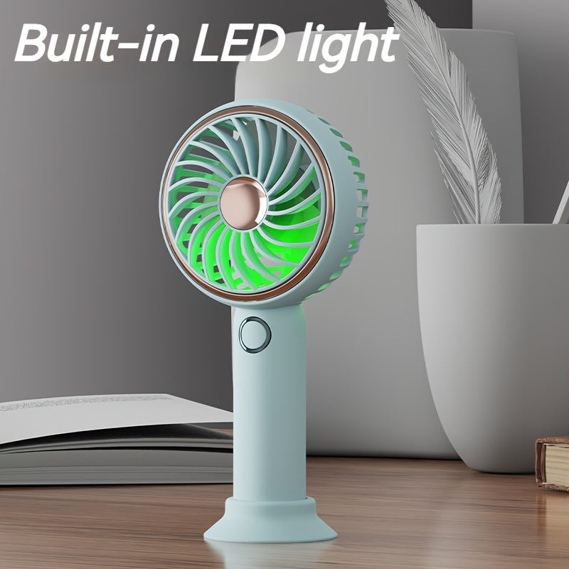 Small Fan, Handheld Portable Fan With LED Light, USB Rechargeable, Long-lasting Battery Life, Silent, Suitable For Office Desktop
