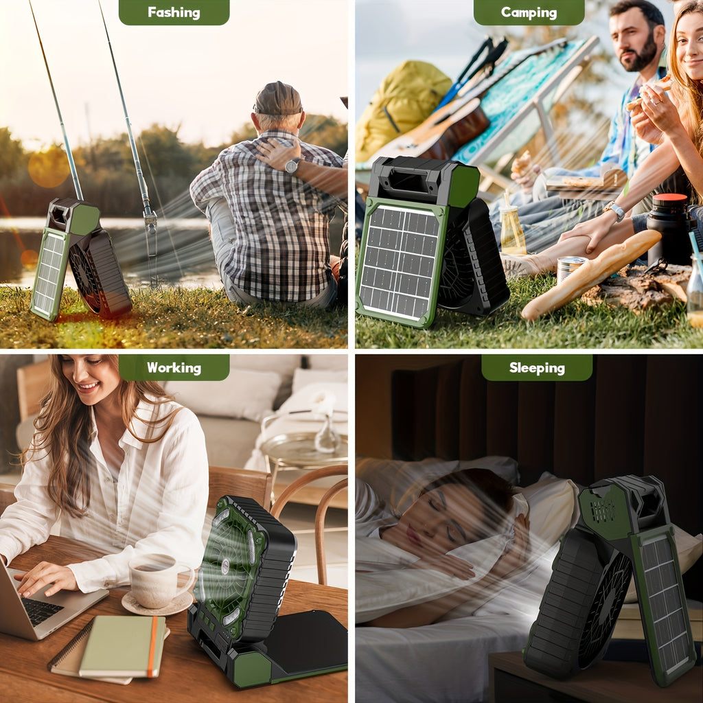 10000-20000mAh Solar Powered Camping Fan with LED Lantern, 4 Speeds Powerful Wind Rechargeable Battery Operated Portable Fan, Cordless Desk Cooling Fan with 3 Timer & PowerBank for Travel Tent Worksite