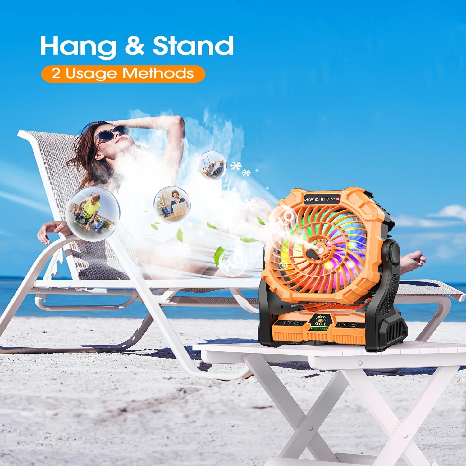 [Portable Spray Fan] 20,000mAh Portable Spray Fan with LED Mood Light & Timer - USB Rechargeable, 3 Spray Modes, 3 Speeds, 2 Timers, 2 Modes for Camping, Hiking, Outdoor, Bedroom, Living Room - Durable Plastic, Polished Finis