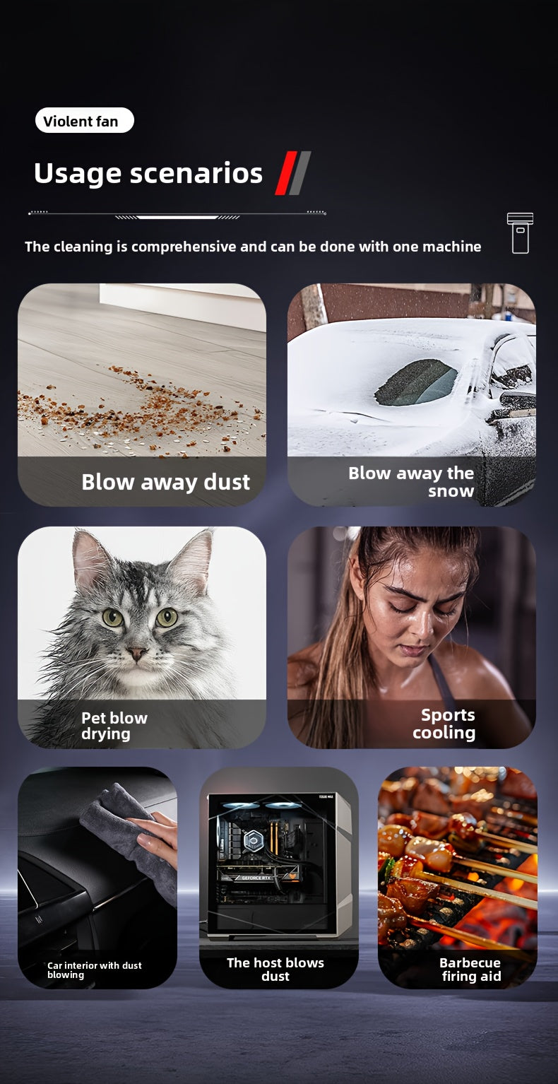 200W High-Power Portable Turbofan Fan with 155km/h Airflow, 6000mAh USB Rechargeable Battery, Ergonomic Handle & Compact Design for Camping, Car, Computer Cleaning, Dust/Snow Removal - Indoor/Outdoor Use, Portable Fan, Campin