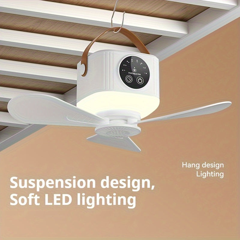 Remote Control Camping Fan with LED Night Light - Rechargeable USB Portable Fan for Tent & Outdoor, 270° Rotation, 3 Light Modes, Sleep Timer, Hanging Hook