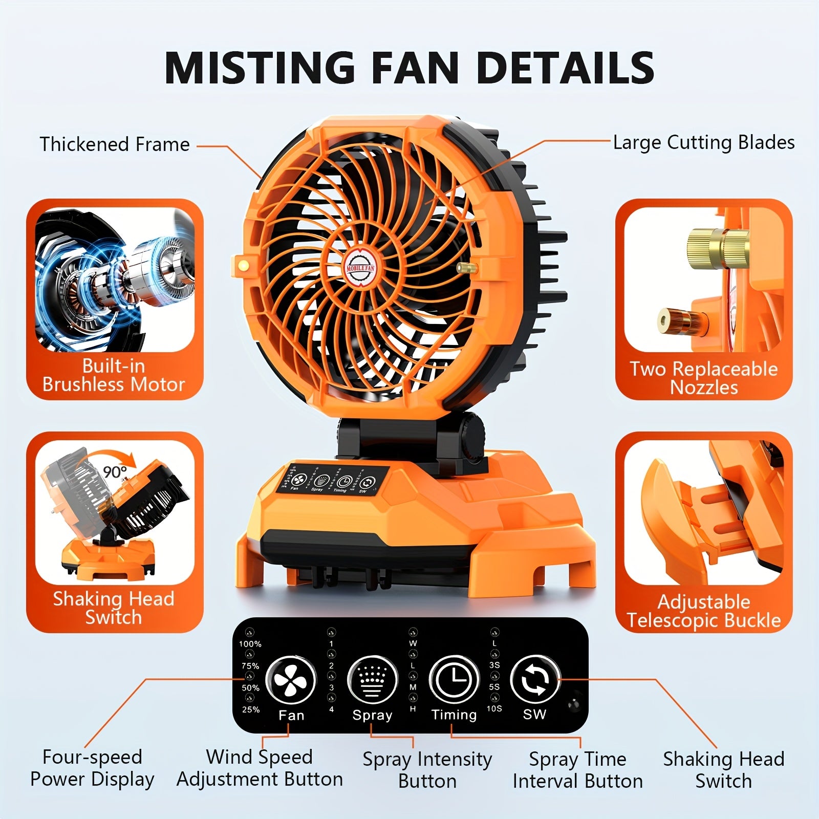 Battery Powered Fan With Misting, 24000mAh Rechargeable Camping Fan, Strong Spray Mister, 4 Speed With Timer, Auto Oscillation Portable Fan With Retractable Base For Outdoor Sport Beach Travel Patio Porch