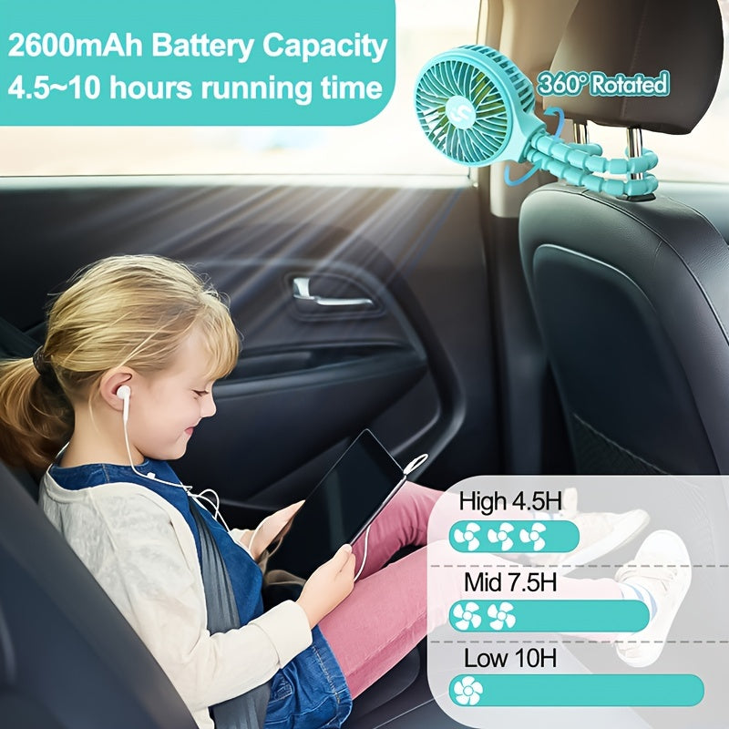 WiHoo Battery Powered Stroller Fan, Flexible Tripod Clip On Fan With 3 Speeds And Rotatable Handheld Rechargeable Personal Portable Fan For Car Seat Crib Bike Treadmill