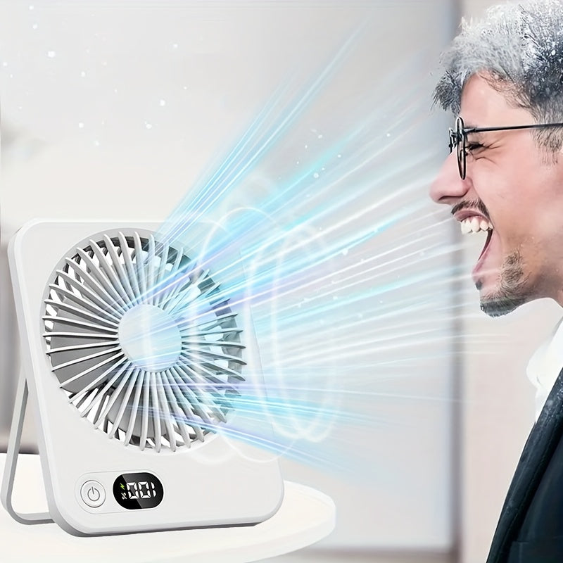 Portable USB Desktop Fan with Battery - Ultra-Quiet 5-Speed Adjustable & 180° Foldable Design, Digital Power Display, Polished Acrylic Finish, Compact for Home, Office, Travel, Air Conditioning, Portable Fan, Home Cooling, M