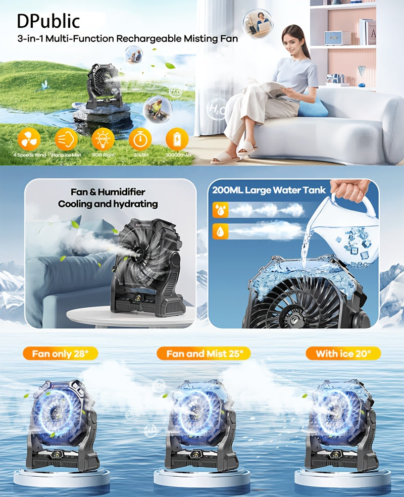 [Portable Spray Fan] 20,000mAh Portable Spray Fan with LED Mood Light & Timer - USB Rechargeable, 3 Spray Modes, 3 Speeds, 2 Timers, 2 Modes for Camping, Hiking, Outdoor, Bedroom, Living Room - Durable Plastic, Polished Finis