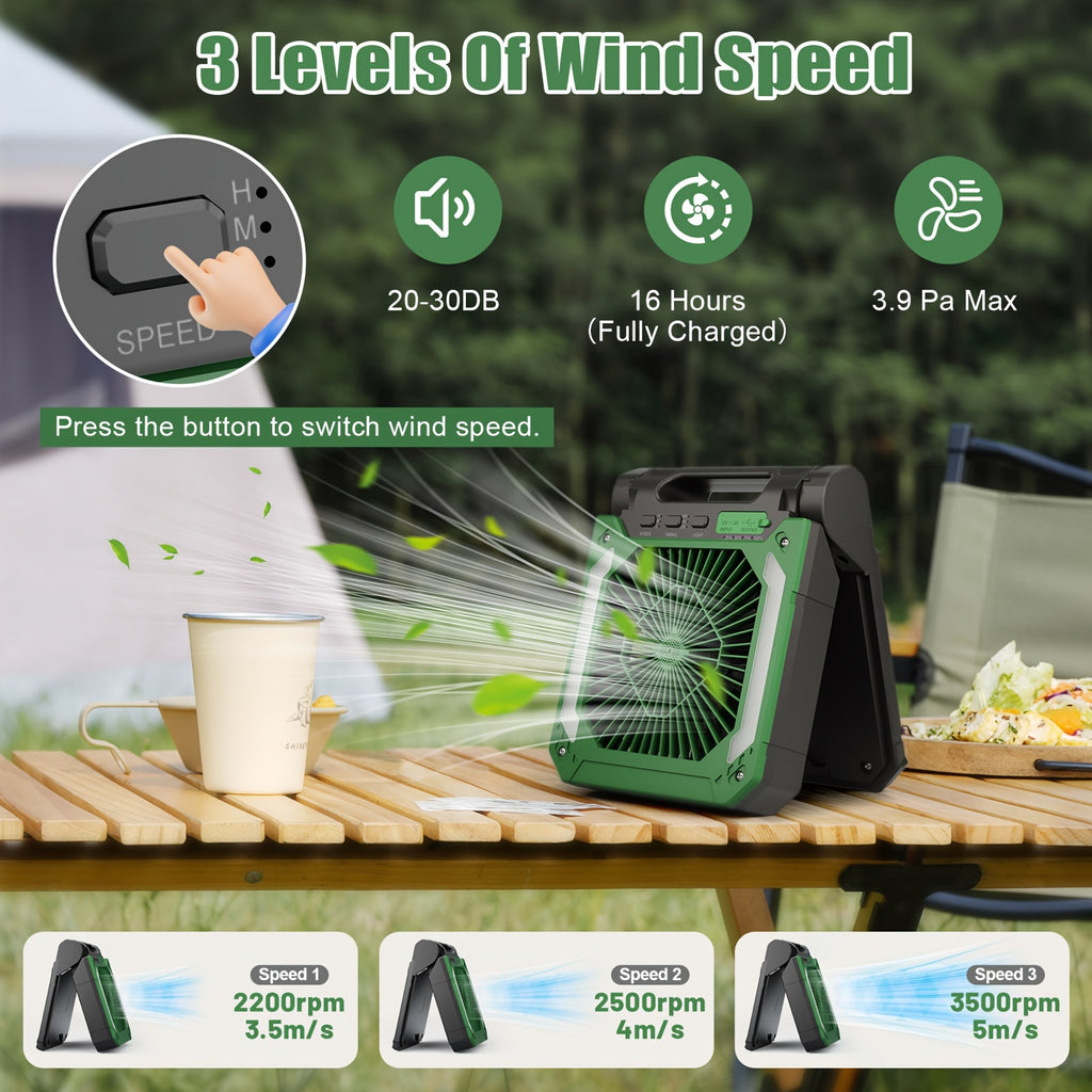 20000mAh Solar Powered Camping Fan with LED Lantern, 3 Speeds Cordless Battery, Portable Fan with Timer & Hanging Hook for Tent, Worksite, Quiet Desk Fan