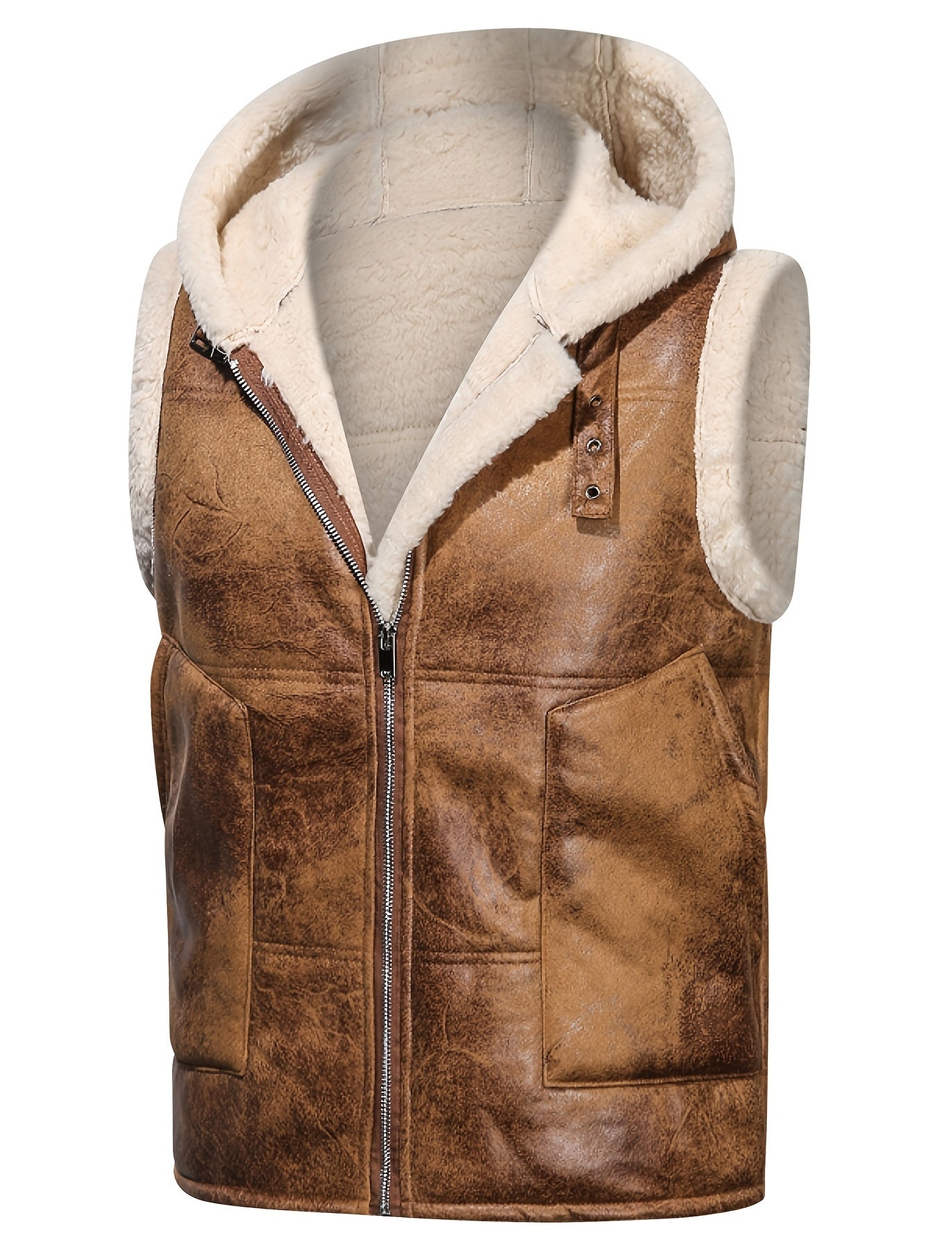 Men's Fleece-Lined Hooded Vest - Stylish Sleeveless Jacket with Zipper Pockets, Warm & Windproof for Casual Winter Wear, Olive Green, Daily Comfort Vest | Hooded Jacket | Functional Pockets