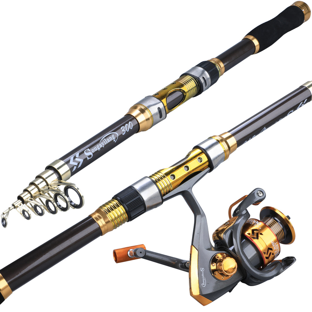 [Quality Construction] Sougayilang Ultralight Carbon Fiber Spinning Fishing Rod - Portable, Medium Action, 6.72-9.84ft Extendable Length, Black & Golden with Comfort Grip Handle - Ideal for All Anglers