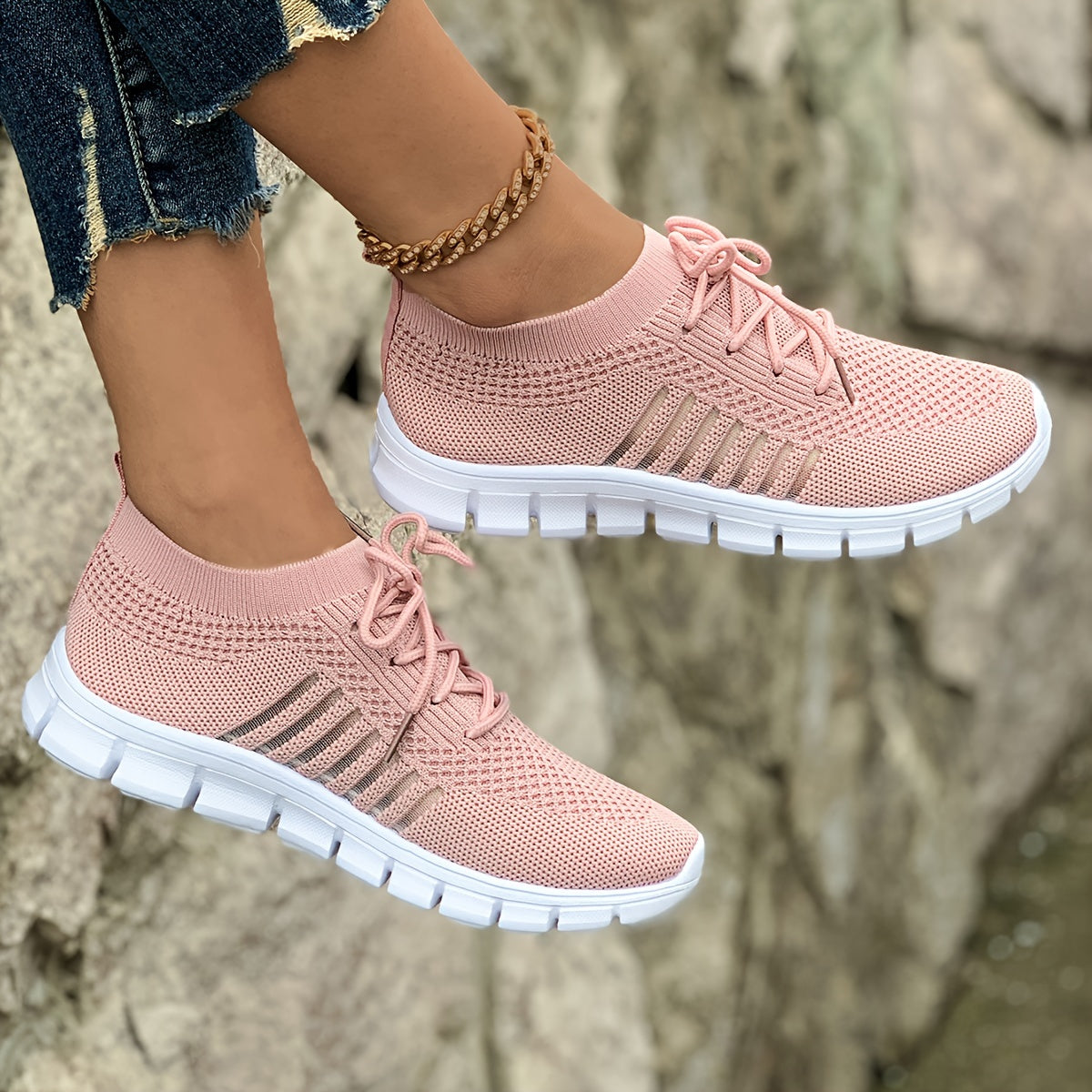 Women's Lightweight Knit Sneakers, Breathable Low-Top Lace-Up Casual Running Footwear, Fabric Upper and PU Cover Sole, Vibrant Color Sneakers, Versatile Running Shoes