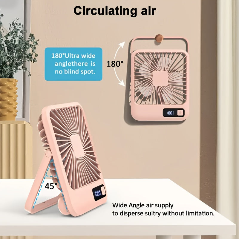 Portable USB Desktop Fan with Battery - Ultra-Quiet 5-Speed Adjustable & 180° Foldable Design, Digital Power Display, Polished Acrylic Finish, Compact for Home, Office, Travel, Air Conditioning, Portable Fan, Home Cooling, M