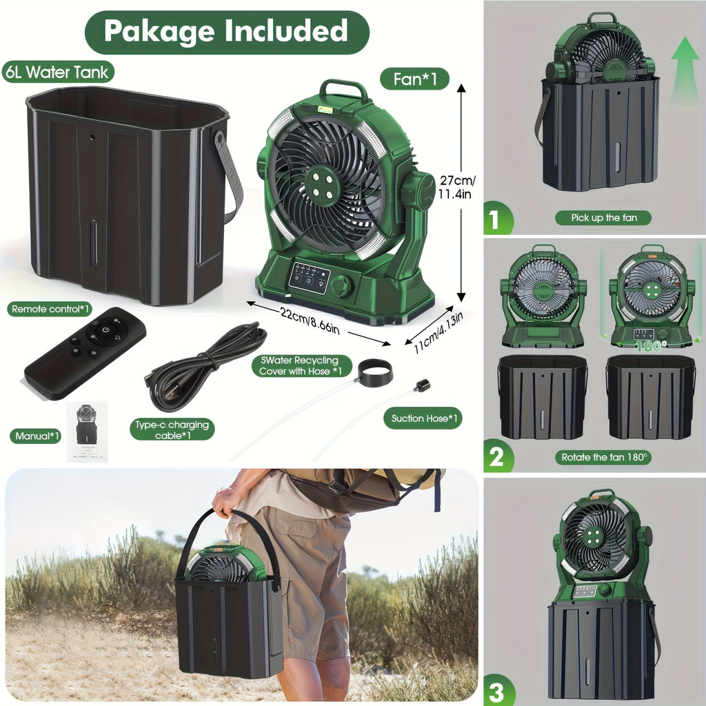 2025 New Spray Fan, 6-liter Bucket Portable Spray Fan (with Remote Control), 20000mAh Rechargeable Battery Portable Fan, Suitable For Outdoor Terrace, Camping Fan 270 ° Adjustable, Hanging, With Lighting, For Outdoor, Barbec
