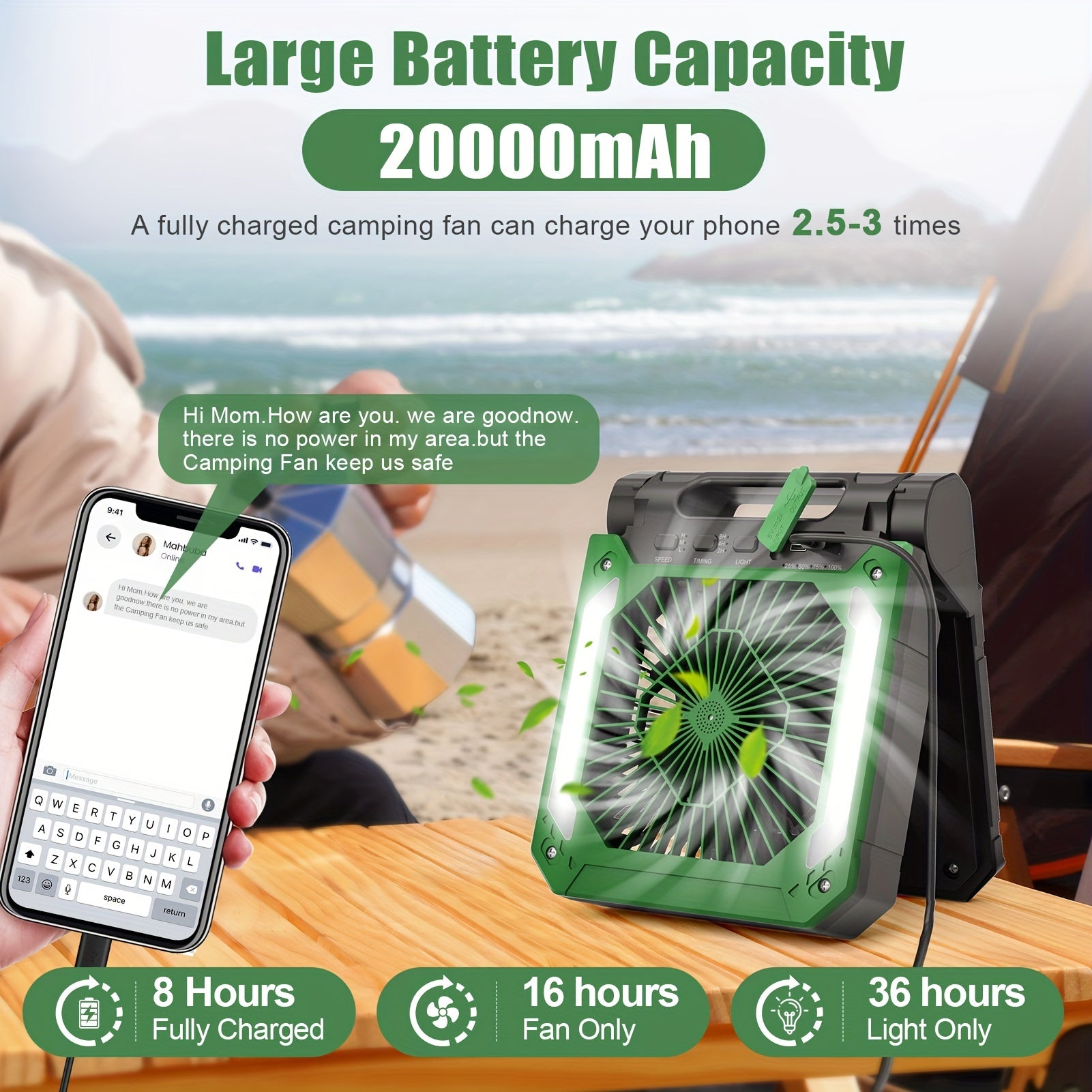 20000mAh Solar Powered Camping Fan with LED Lantern, 3 Speeds Cordless Battery, Portable Fan with Timer & Hanging Hook for Tent, Worksite, Quiet Desk Fan