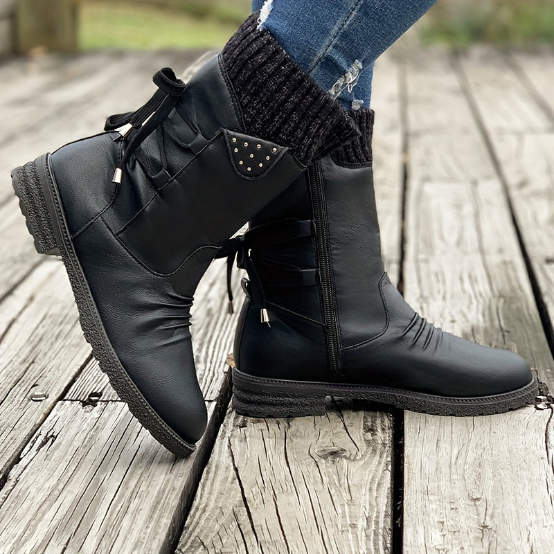 Vintage Classic Elegant 's Mid-Calf Boots. Elastic Collar Design, Lace-Up Adjustable for Plus Size s. Multiple Colors Available: Grey, Black, Khaki, Blue, Purple Womens Shoes.Cute Round Toe Slip On Autumn Ankle Boots, Lovely