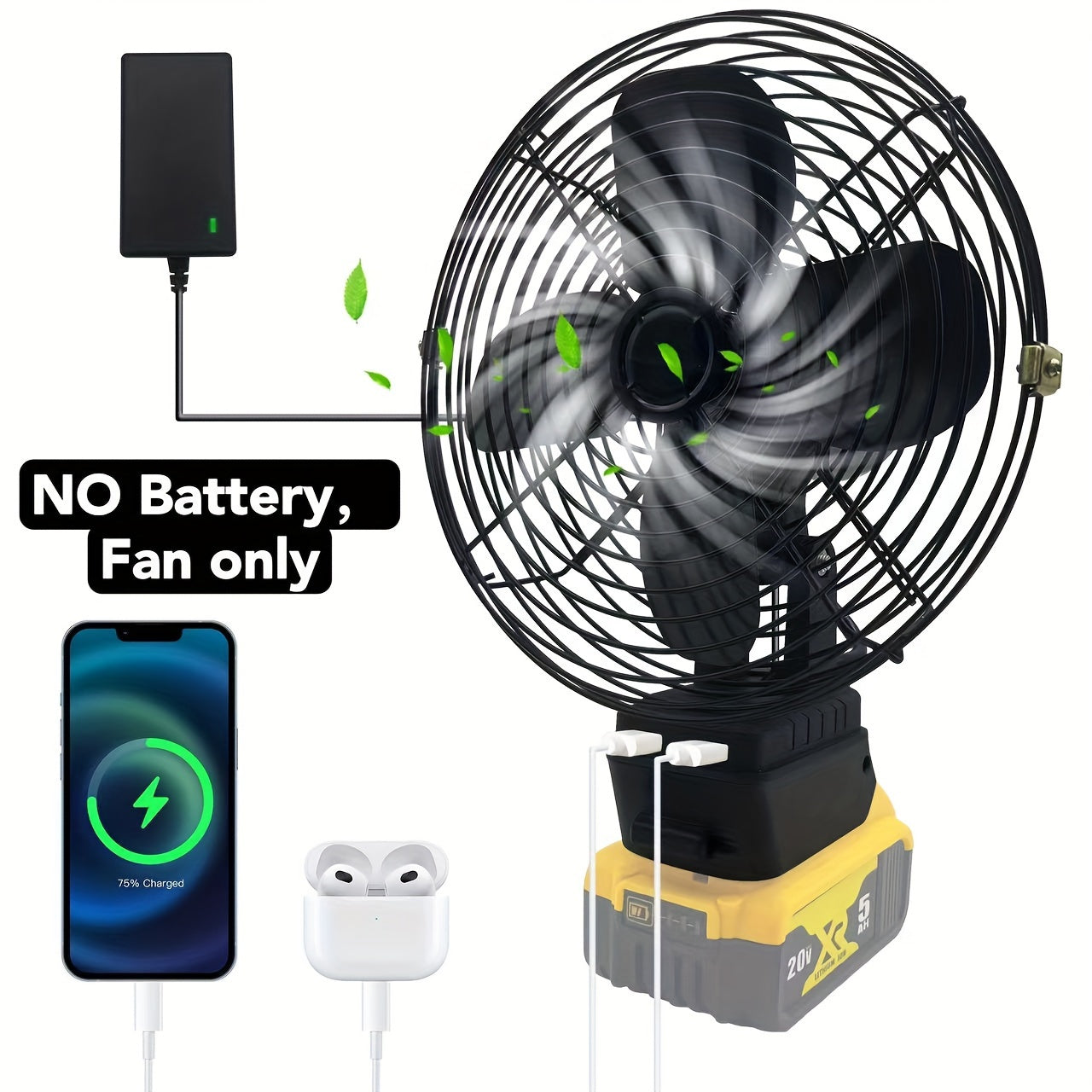 Portable Jobsite Fan Compatible For Dewalt 20v Battery (No Battery Provided) And Direct Power Supply Using Battery Charger Cordless Works Fan Battery Portable Fan With Low Voltage Protection, USB Port, Good For Campaing, Ourd