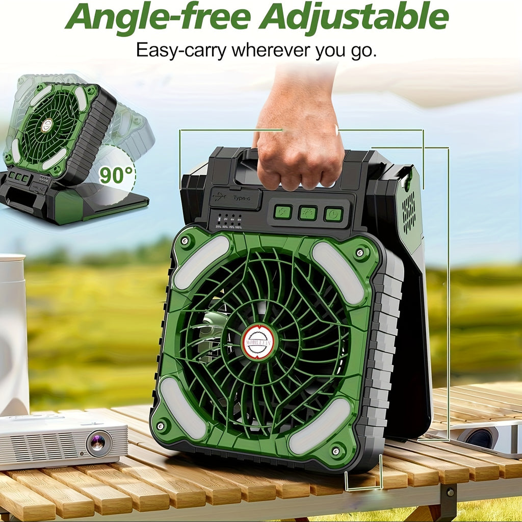 Solar Powered Camping Fan With LED Lantern, 4 Speeds Powerful Wind Rechargeable Battery Operated Portable Fan, 90° Folding Desk Fan With Timer Power Bank For Outdoor Travel Tent Personal Fan