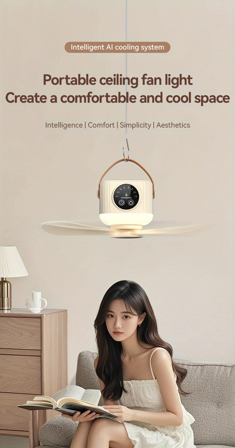 Remote Control Camping Fan with LED Night Light - Rechargeable USB Portable Fan for Tent & Outdoor, 270° Rotation, 3 Light Modes, Sleep Timer, Hanging Hook