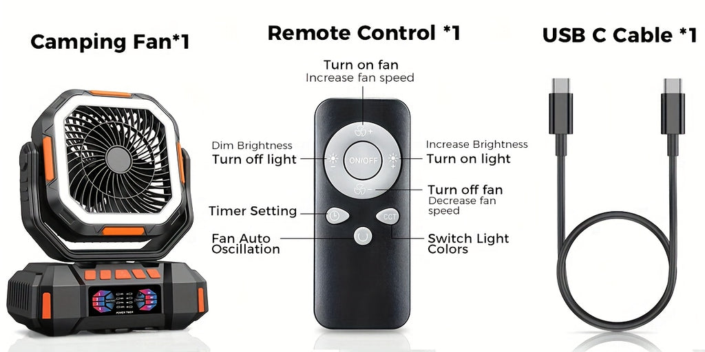 40000mAh Portable LED Camping Fan with Built-in Light - USB Rechargeable Outdoor Cooling Fan Tent, Hiking, Fishing - Sturdy And Compact Design, Green And Orange, Essential for Hiking, Sturdy Handle Function, Camping Accessory