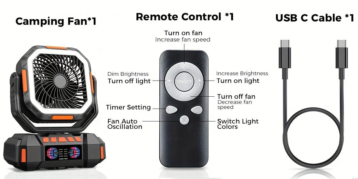 40000mAh Portable LED Camping Fan with Built-in Light - USB Rechargeable Outdoor Cooling Fan Tent, Hiking, Fishing - Sturdy And Compact Design, Green And Orange, Essential for Hiking, Sturdy Handle Function, Camping Accessory