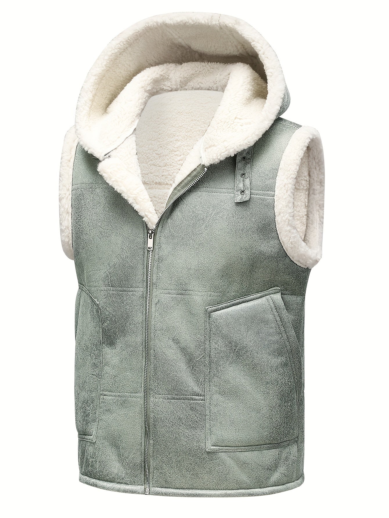 Men's Fleece-Lined Hooded Vest - Stylish Sleeveless Jacket with Zipper Pockets, Warm & Windproof for Casual Winter Wear, Olive Green, Daily Comfort Vest | Hooded Jacket | Functional Pockets