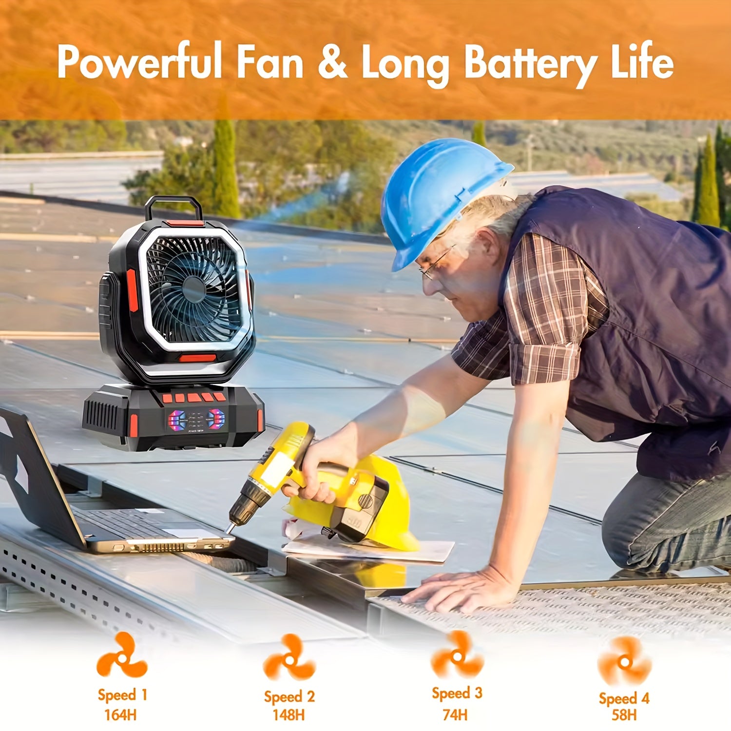 40000mAh Portable LED Camping Fan with Built-in Light - USB Rechargeable Outdoor Cooling Fan Tent, Hiking, Fishing - Sturdy And Compact Design, Green And Orange, Essential for Hiking, Sturdy Handle Function, Camping Accessory