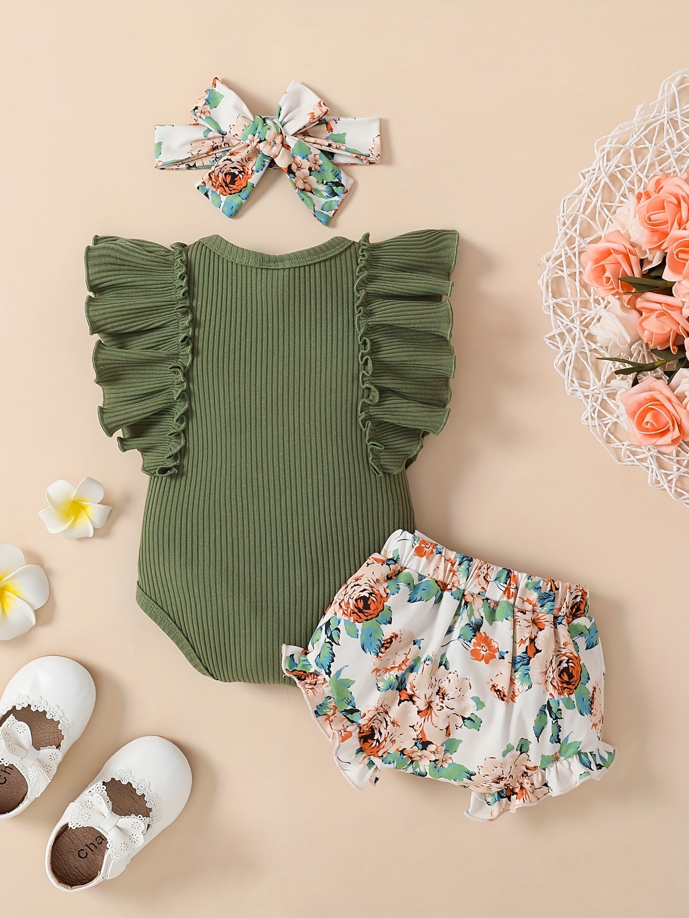 Happy's Girl Clothes Girl Newborn Baby Girl Outfits Short Sets, Sleeve Ribbed Romper Floral Shorts Clothes, Perfect for Outdoor,  Casual Baby Clothes, Floral Print, Cute Baby Outfits, Comfortable Fit, Breathable Material, Sho