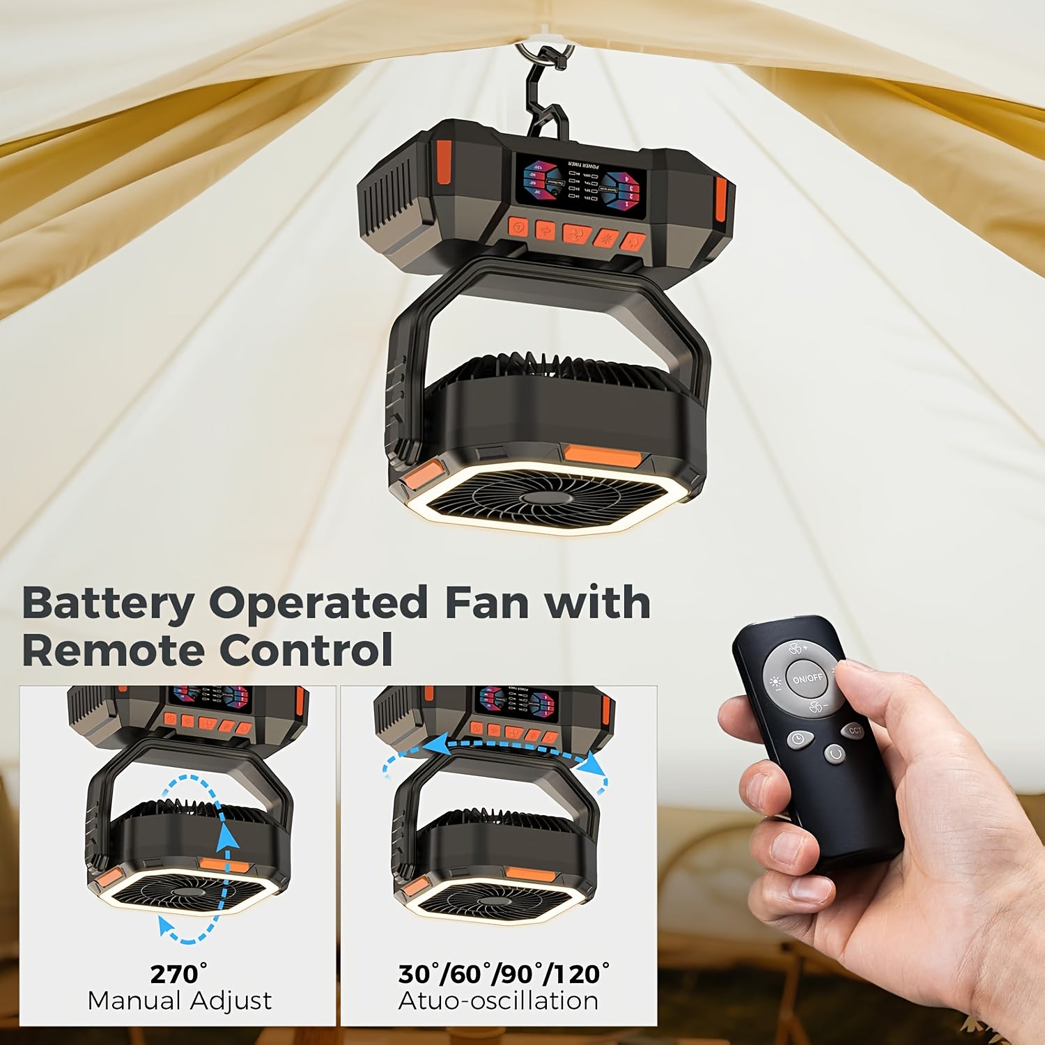 40000mAh Portable LED Camping Fan with Built-in Light - USB Rechargeable Outdoor Cooling Fan Tent, Hiking, Fishing - Sturdy And Compact Design, Green And Orange, Essential for Hiking, Sturdy Handle Function, Camping Accessory