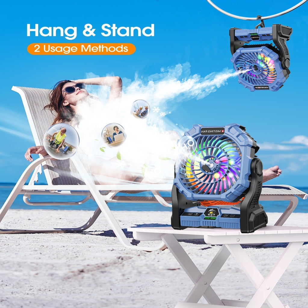 [Portable Spray Fan] 20,000mAh Portable Spray Fan with LED Mood Light & Timer - USB Rechargeable, 3 Spray Modes, 3 Speeds, 2 Timers, 2 Modes for Camping, Hiking, Outdoor, Bedroom, Living Room - Durable Plastic, Polished Finis