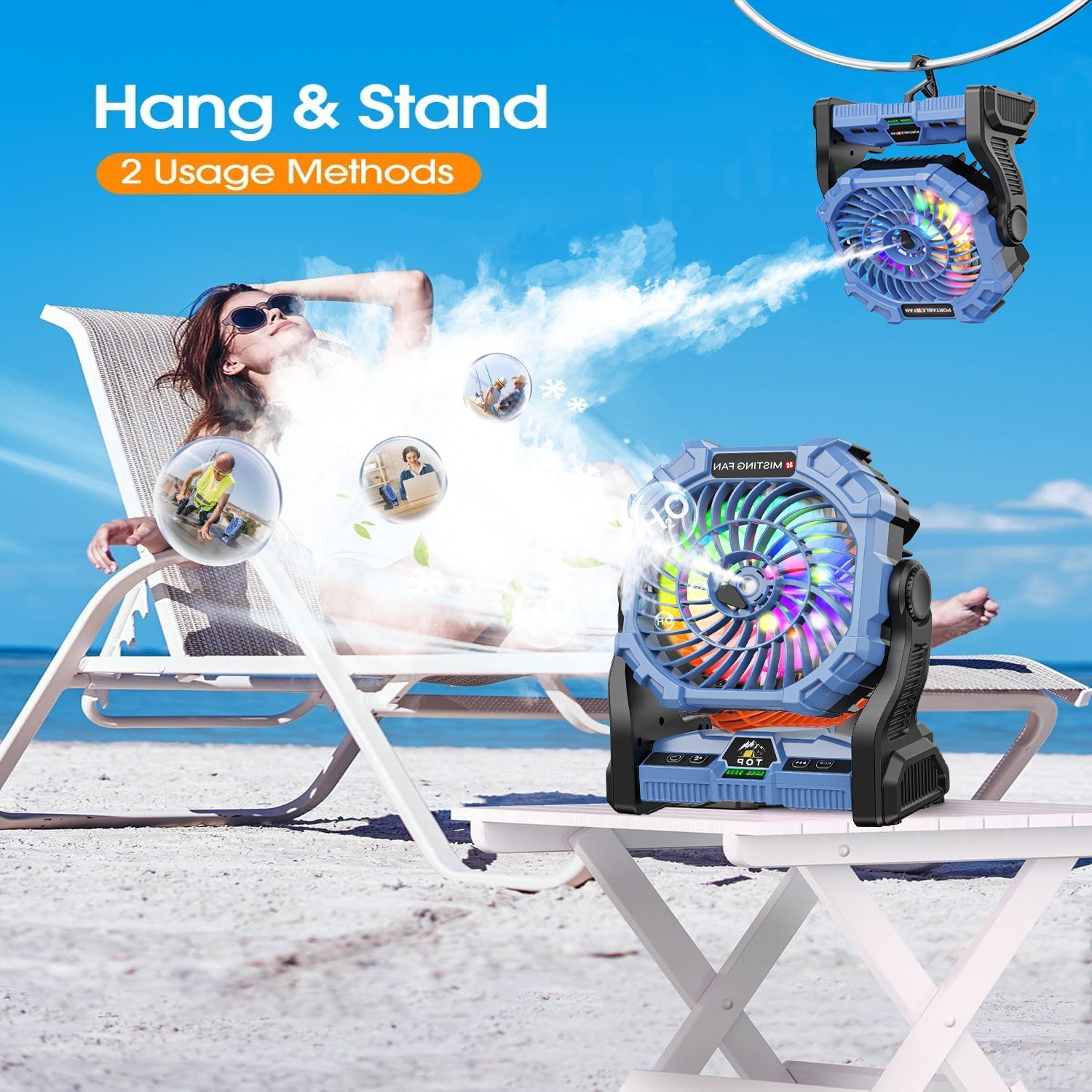 [Portable Spray Fan] 20,000mAh Portable Spray Fan with LED Mood Light & Timer - USB Rechargeable, 3 Spray Modes, 3 Speeds, 2 Timers, 2 Modes for Camping, Hiking, Outdoor, Bedroom, Living Room - Durable Plastic, Polished Finis