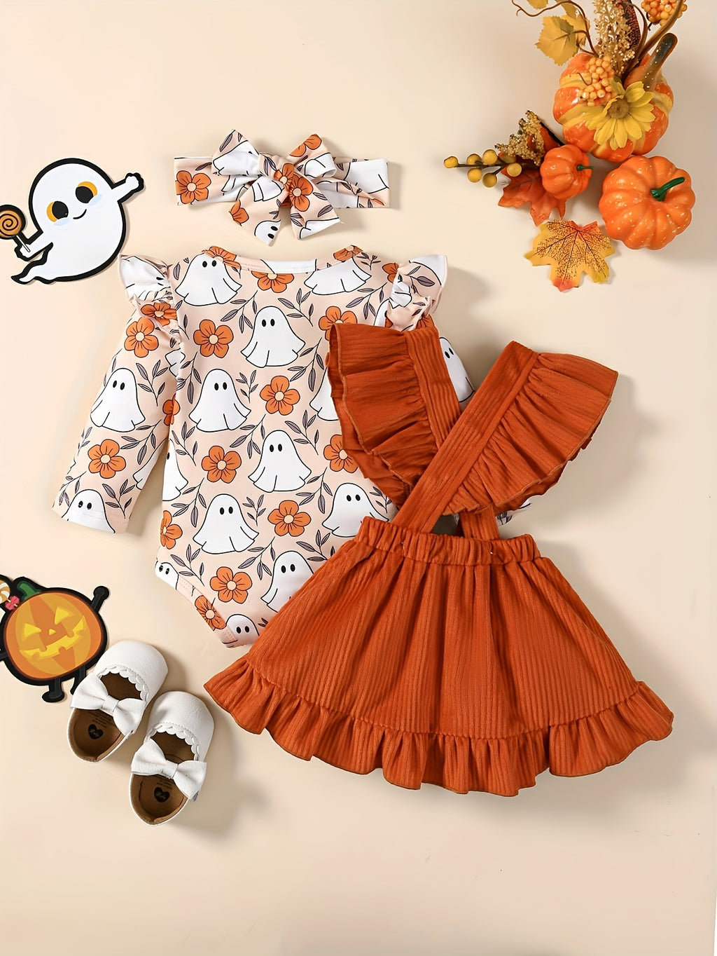 3pcs Adorable & Pumpkin Print Halloween Outfit for Baby Girls - Includes Long Sleeve Jumpsuit, Ruffled Ribbed Skirt & Headband Set - Soft Polyester, Machine Washable - Ideal for Spring & Autumn Celebrations, Festive Baby Wear