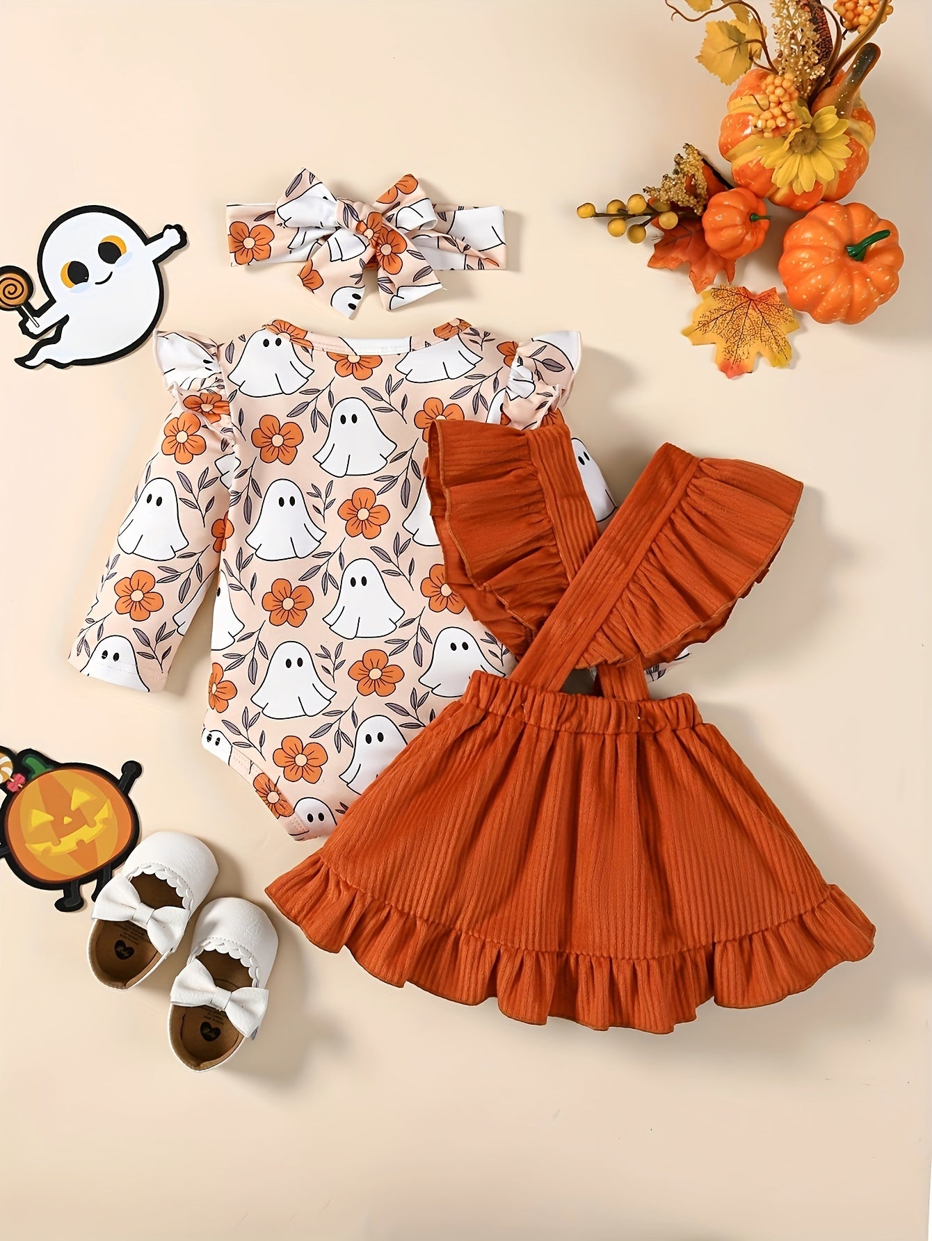 3pcs Adorable & Pumpkin Print Halloween Outfit for Baby Girls - Includes Long Sleeve Jumpsuit, Ruffled Ribbed Skirt & Headband Set - Soft Polyester, Machine Washable - Ideal for Spring & Autumn Celebrations, Festive Baby Wear