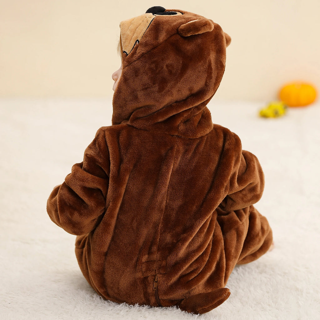 Michley Wholesale OEM High Quality Flannel Rompers Newborn Baby Clothes Cute Brown Animal Onesie Zipper Rompers Kids Pyjamas