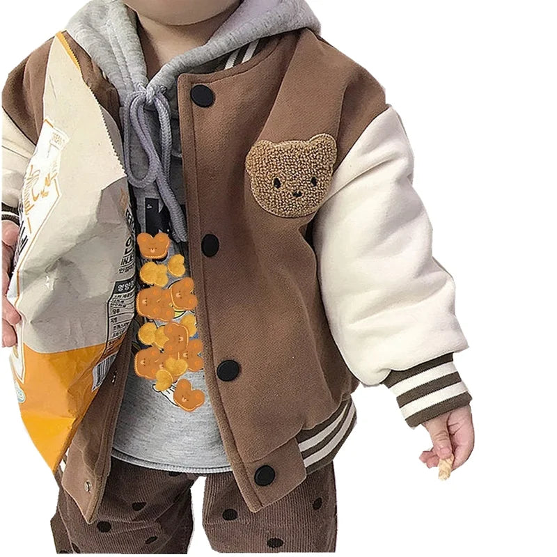 Autumn Winter Single-Breasted Baseball Jacket for Boys Cute Bear Design Fashion Baby Clothes with Long Length Cotton Filling