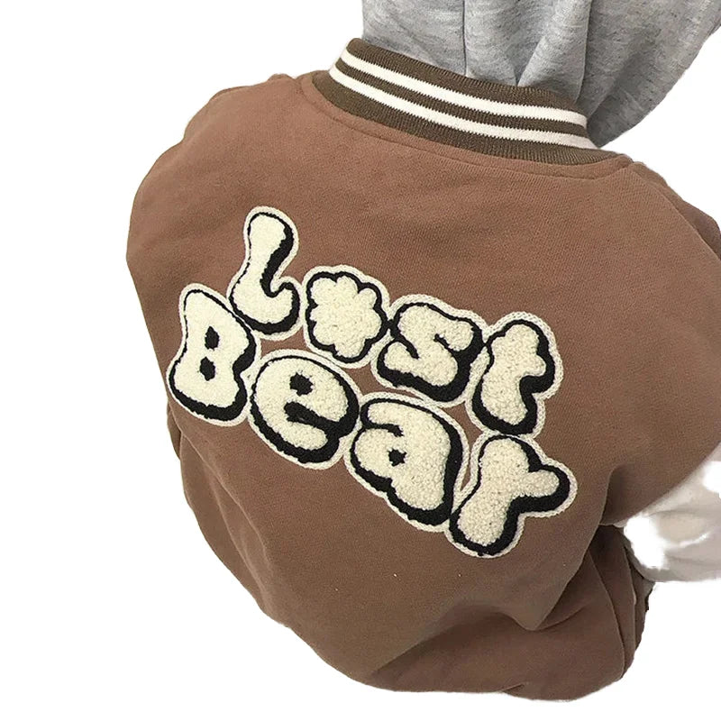Autumn Winter Single-Breasted Baseball Jacket for Boys Cute Bear Design Fashion Baby Clothes with Long Length Cotton Filling