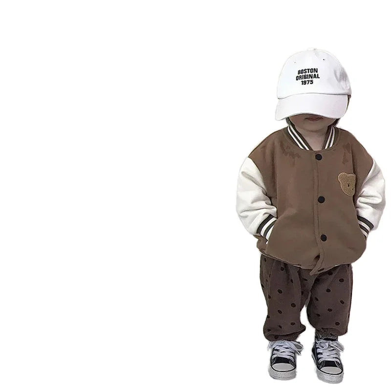 Autumn Winter Single-Breasted Baseball Jacket for Boys Cute Bear Design Fashion Baby Clothes with Long Length Cotton Filling