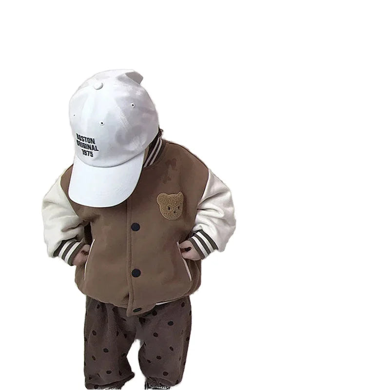 Autumn Winter Single-Breasted Baseball Jacket for Boys Cute Bear Design Fashion Baby Clothes with Long Length Cotton Filling