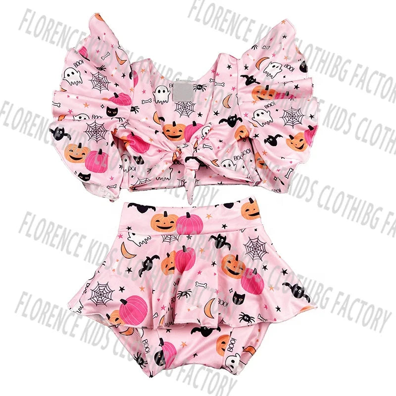 DH ODM Custom Helloween Bamboo Ghost Toddler Children Shorts Outfit Newborn Baby Clothes Girl Set